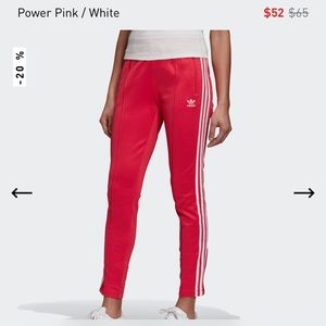 Power pink and white adidas track pants